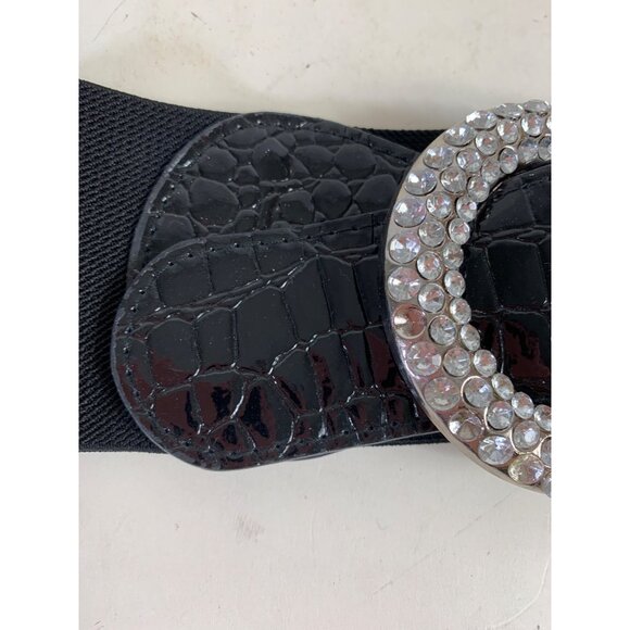 VTG Inspired 80s Black Wide Elastic Belt SZ M/L Rhinestone Buckle Crock Embossed - Picture 14 of 15